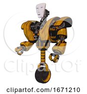 Poster, Art Print Of Droid Containing Humanoid Face Mask And Heavy Upper Chest And Heavy Mech Chest And Unicycle Wheel Worn Construction Yellow Facing Right View