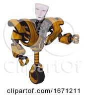 Poster, Art Print Of Droid Containing Humanoid Face Mask And Heavy Upper Chest And Heavy Mech Chest And Unicycle Wheel Worn Construction Yellow Fight Or Defense Pose