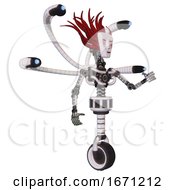 Poster, Art Print Of Droid Containing Humanoid Face Mask And Blood Tears And Light Chest Exoshielding And Blue-Eye Cam Cable Tentacles And No Chest Plating And Unicycle Wheel White Halftone Toon Interacting