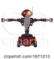 Poster, Art Print Of Android Containing Oval Wide Head And Sunshine Patch Eye And Retro Antenna With Light And Heavy Upper Chest And No Chest Plating And Six-Wheeler Base Matted Red T-Pose