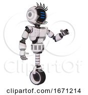 Mech Containing Digital Display Head And Three Horizontal Line Design And Eye Lashes Deco And Light Chest Exoshielding And Chest Green Blue Lights Array And Unicycle Wheel White Halftone Toon