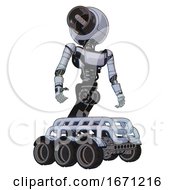 Poster, Art Print Of Bot Containing Cable Connector Head And Light Chest Exoshielding And Ultralight Chest Exosuit And Six-Wheeler Base Blue Tint Toon Hero Pose