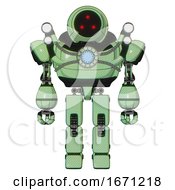 Mech Containing Three Led Eyes Round Head And Heavy Upper Chest And Chest Blue Energy Core And Shoulder Headlights And Prototype Exoplate Legs Green Tint Toon Front View