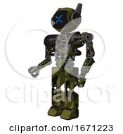 Poster, Art Print Of Robot Containing Digital Display Head And Wince Symbol Expression And Winglets And Heavy Upper Chest And No Chest Plating And Prototype Exoplate Legs Grunge Army Green Facing Right View