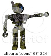 Poster, Art Print Of Robot Containing Digital Display Head And Wince Symbol Expression And Winglets And Heavy Upper Chest And No Chest Plating And Prototype Exoplate Legs Grunge Army Green