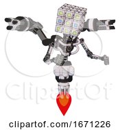 Poster, Art Print Of Robot Containing Dual Retro Camera Head And Cube Array Head And Light Chest Exoshielding And Minigun Back Assembly And No Chest Plating And Jet Propulsion White Halftone Toon Fight Or Defense Pose