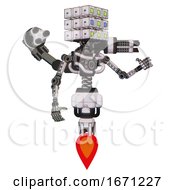 Poster, Art Print Of Robot Containing Dual Retro Camera Head And Cube Array Head And Light Chest Exoshielding And Minigun Back Assembly And No Chest Plating And Jet Propulsion White Halftone Toon Interacting