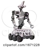Poster, Art Print Of Droid Containing Dual Retro Camera Head And Reversed Fin Head And Heavy Upper Chest And No Chest Plating And Six-Wheeler Base White Halftone Toon Facing Left View