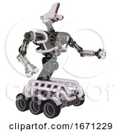 Poster, Art Print Of Droid Containing Dual Retro Camera Head And Reversed Fin Head And Heavy Upper Chest And No Chest Plating And Six-Wheeler Base White Halftone Toon Interacting
