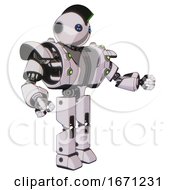 Poster, Art Print Of Automaton Containing Oval Wide Head And Blue Led Eyes And Techno Mohawk And Heavy Upper Chest And Heavy Mech Chest And Green Cable Sockets Array And Prototype Exoplate Legs White Halftone Toon