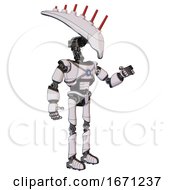 Poster, Art Print Of Droid Containing Flat Elongated Skull Head And Light Chest Exoshielding And Blue Energy Core And Ultralight Foot Exosuit White Halftone Toon Interacting