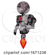 Poster, Art Print Of Mech Containing Dots Array Face And Light Chest Exoshielding And Red Chest Button And Rocket Pack And Jet Propulsion Sketch Pad Cloudy Smudges Facing Right View