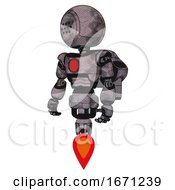 Poster, Art Print Of Mech Containing Dots Array Face And Light Chest Exoshielding And Red Chest Button And Rocket Pack And Jet Propulsion Sketch Pad Cloudy Smudges Standing Looking Right Restful Pose