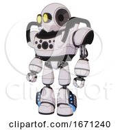 Poster, Art Print Of Droid Containing Round Head And Large Yellow Eyes And Heavy Upper Chest And Chest Compound Eyes And Light Leg Exoshielding And Megneto-Hovers Foot Mod White Halftone Toon