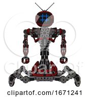 Poster, Art Print Of Cyborg Containing Digital Display Head And Hashtag Face And Retro Antennas And Heavy Upper Chest And No Chest Plating And Insect Walker Legs Grunge Dots Dark Red Front View