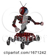 Poster, Art Print Of Cyborg Containing Digital Display Head And Hashtag Face And Retro Antennas And Heavy Upper Chest And No Chest Plating And Insect Walker Legs Grunge Dots Dark Red Interacting