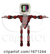 Poster, Art Print Of Automaton Containing Old Computer Monitor And Please Stand By Pixel Design And Light Chest Exoshielding And Chest Valve Crank And Ultralight Foot Exosuit Grunge Dots Cherry Tomato Red T-Pose