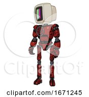Automaton Containing Old Computer Monitor And Please Stand By Pixel Design And Light Chest Exoshielding And Chest Valve Crank And Ultralight Foot Exosuit Grunge Dots Cherry Tomato Red