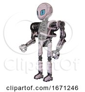 Poster, Art Print Of Mech Containing Grey Alien Style Head And Blue Grate Eyes And Heavy Upper Chest And No Chest Plating And Ultralight Foot Exosuit Sketch Pad Light Facing Right View