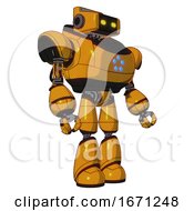 Poster, Art Print Of Bot Containing Dual Retro Camera Head And Retro Tech Device Head And Heavy Upper Chest And Circle Of Blue Leds And Light Leg Exoshielding Primary Yellow Halftone Facing Left View