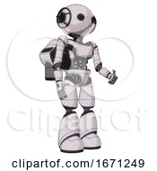 Poster, Art Print Of Cyborg Containing Oval Wide Head And Light Chest Exoshielding And Ultralight Chest Exosuit And Rocket Pack And Light Leg Exoshielding White Halftone Toon Facing Left View