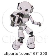 Poster, Art Print Of Cyborg Containing Oval Wide Head And Light Chest Exoshielding And Ultralight Chest Exosuit And Rocket Pack And Light Leg Exoshielding White Halftone Toon Fight Or Defense Pose