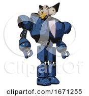Poster, Art Print Of Automaton Containing Bird Skull Head And Bone Skull Eye Holes And Robobeak Design And Heavy Upper Chest And Blue Shield Defense Design And Prototype Exoplate Legs Blue Halftone Hero Pose