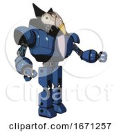 Poster, Art Print Of Automaton Containing Bird Skull Head And Bone Skull Eye Holes And Robobeak Design And Heavy Upper Chest And Blue Shield Defense Design And Prototype Exoplate Legs Blue Halftone Interacting