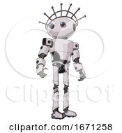 Bot Containing Oval Wide Head And Telescopic Steampunk Eyes And Techno Halo Ornament And Light Chest Exoshielding And Prototype Exoplate Chest And Ultralight Foot Exosuit White Halftone Toon