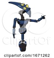 Poster, Art Print Of Robot Containing Flat Elongated Skull Head And Yellow Eyeball Array And Light Chest Exoshielding And Ultralight Chest Exosuit And Unicycle Wheel Dark Blue Halftone