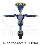 Poster, Art Print Of Robot Containing Flat Elongated Skull Head And Yellow Eyeball Array And Light Chest Exoshielding And Ultralight Chest Exosuit And Unicycle Wheel Dark Blue Halftone T-Pose