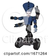 Poster, Art Print Of Cyborg Containing Flat Elongated Skull Head And Light Chest Exoshielding And Prototype Exoplate Chest And Minigun Back Assembly And Tank Tracks Dark Blue Halftone Arm Out Holding Invisible Object