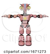 Poster, Art Print Of Droid Containing Bird Skull Head And Big Yellow Eyes And Head Shield Design And Light Chest Exoshielding And Yellow Star And Light Leg Exoshielding Toon Pink Tint T-Pose
