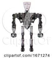Poster, Art Print Of Mech Containing Humanoid Face Mask And Spiral Design And Heavy Upper Chest And No Chest Plating And Ultralight Foot Exosuit Unpainted Metal Front View