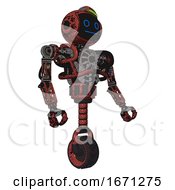 Poster, Art Print Of Cyborg Containing Digital Display Head And Blank-Faced Expression And Green Led Array And Heavy Upper Chest And No Chest Plating And Unicycle Wheel Grunge Matted Orange Facing Left View