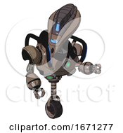Poster, Art Print Of Droid Containing Flat Elongated Skull Head And Visor And Heavy Upper Chest And Chest Green Energy Cores And Blue Strip Lights And Unicycle Wheel Khaki Halftone Fight Or Defense Pose