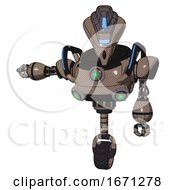 Poster, Art Print Of Droid Containing Flat Elongated Skull Head And Visor And Heavy Upper Chest And Chest Green Energy Cores And Blue Strip Lights And Unicycle Wheel Khaki Halftone Arm Out Holding Invisible Object