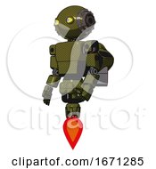 Poster, Art Print Of Robot Containing Oval Wide Head And Yellow Eyes And Steampunk Iron Bands With Bolts And Light Chest Exoshielding And Prototype Exoplate Chest And Rocket Pack And Jet Propulsion Army Green Halftone