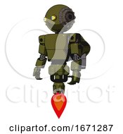 Robot Containing Oval Wide Head And Yellow Eyes And Steampunk Iron Bands With Bolts And Light Chest Exoshielding And Prototype Exoplate Chest And Rocket Pack And Jet Propulsion Army Green Halftone