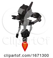 Mech Containing Round Head And Head Winglets And Light Chest Exoshielding And Minigun Back Assembly And No Chest Plating And Jet Propulsion And Cat Face Dirty Black Facing Right View