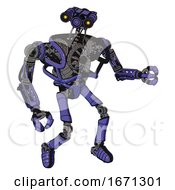 Poster, Art Print Of Cyborg Containing Dual Retro Camera Head And Simple Blue Telescopic Eye Head And Heavy Upper Chest And No Chest Plating And Ultralight Foot Exosuit Primary Blue Halftone Fight Or Defense Pose