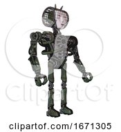 Poster, Art Print Of Android Containing Humanoid Face Mask And Heavy Upper Chest And No Chest Plating And Ultralight Foot Exosuit Old Corroded Copper Facing Left View