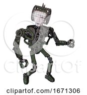 Poster, Art Print Of Android Containing Humanoid Face Mask And Heavy Upper Chest And No Chest Plating And Ultralight Foot Exosuit Old Corroded Copper Fight Or Defense Pose