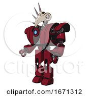 Bot Containing Bird Skull Head And White Eyeballs And Heavy Upper Chest And Heavy Mech Chest And Blue Energy Fission Element Chest And Prototype Exoplate Legs Fire Engine Red Halftone