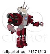 Poster, Art Print Of Bot Containing Bird Skull Head And White Eyeballs And Heavy Upper Chest And Heavy Mech Chest And Blue Energy Fission Element Chest And Prototype Exoplate Legs Fire Engine Red Halftone Interacting