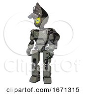 Poster, Art Print Of Robot Containing Grey Alien Style Head And Yellow Eyes With Blue Pupils And Alien Bug Creature Hat And Light Chest Exoshielding And Chest Green Blue Lights Array And Rocket Pack 