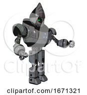 Poster, Art Print Of Bot Containing Grey Alien Style Head And Green Inset Eyes And Heavy Upper Chest And Triangle Of Blue Leds And Prototype Exoplate Legs Patent Concrete Gray Metal Interacting