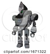 Poster, Art Print Of Bot Containing Grey Alien Style Head And Green Inset Eyes And Heavy Upper Chest And Triangle Of Blue Leds And Prototype Exoplate Legs Patent Concrete Gray Metal Standing Looking Right Restful Pose