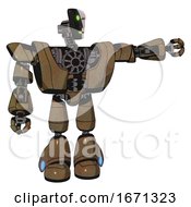 Poster, Art Print Of Robot Containing Humanoid Face Mask And Two-Face Black White Mask And Heavy Upper Chest And Heavy Mech Chest And Light Leg Exoshielding Old Copper Pointing Left Or Pushing A Button