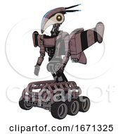 Poster, Art Print Of Mech Containing Bird Skull Head And Yellow Led Protruding Eyes And Head Shield Design And Light Chest Exoshielding And Ultralight Chest Exosuit And Stellar Jet Wing Rocket Pack And Six-Wheeler Base